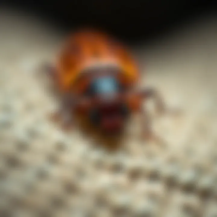 Close-up view of a carpet beetle worm on fabric