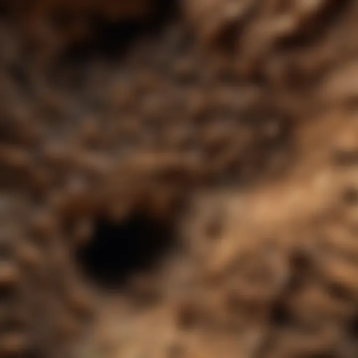 Close-up view of a termite colony within wooden structure