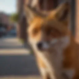 Close-up view of a fox in an urban setting, showcasing its natural behavior.