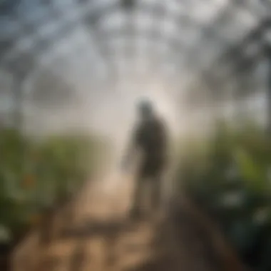 Applying Fumigants in Greenhouses An illustration demonstrating the application of fumigants in a greenhouse environment.