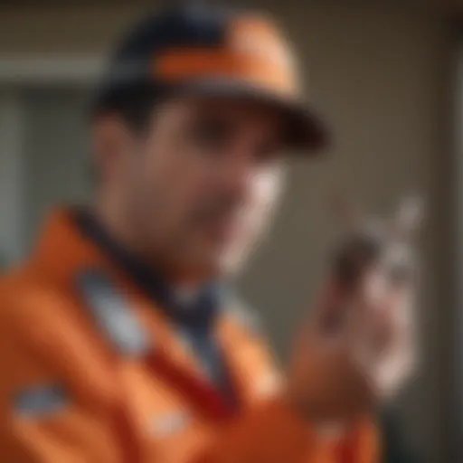 A close-up view of a pest control technician inspecting a residential property for pests.