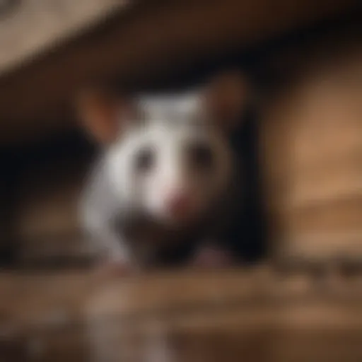 A possum peeking out from beneath a wooden deck