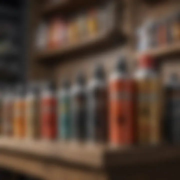Assorted spider egg killer spray products on a shelf