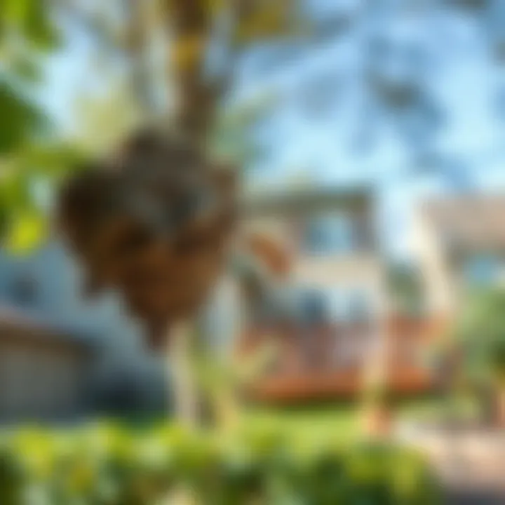 Backyard Scene Featuring a Wasp Nest A serene backyard scene with a wasp nest visible