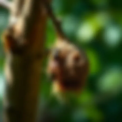 Close-Up View of a Wasp Nest A close-up view of a wasp nest hanging from a tree branch