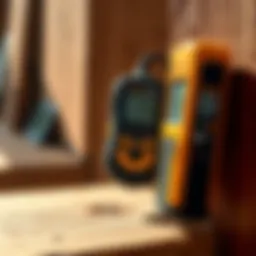 Close-up of a mini moisture meter measuring wood