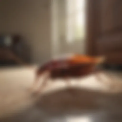 Close-up view of a cockroach in a residential setting.