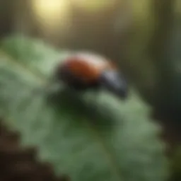 Close-up view of a tiny beetle on a leaf