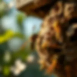 Close-up view of a wasp nest in a garden
