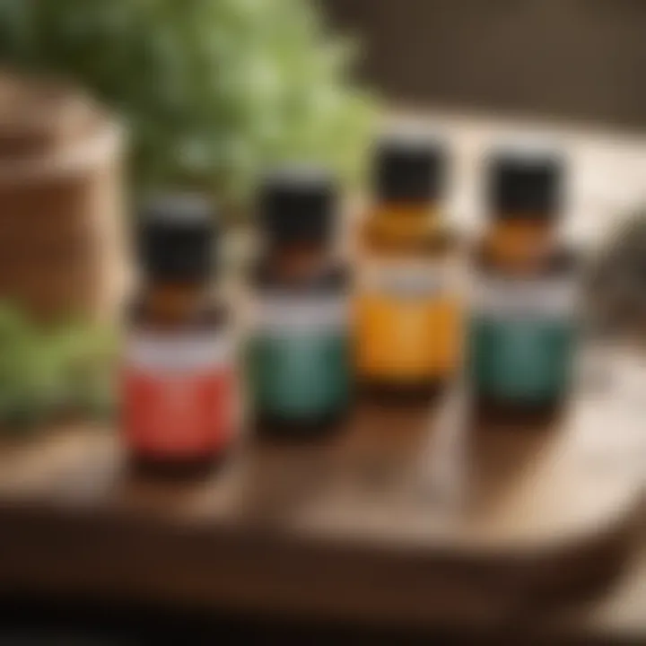 Essential oils in small bottles on a wooden table