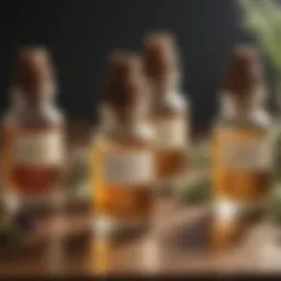 Close-up of essential oils in small bottles