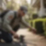 A close-up view of a pest control technician applying eco-friendly treatment in a residential area